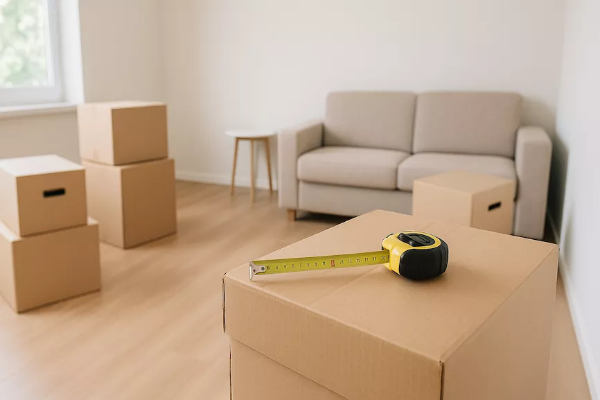 Flytta till mindre yta – flyttlådor, måttband och minimal inredning i ett litet rum